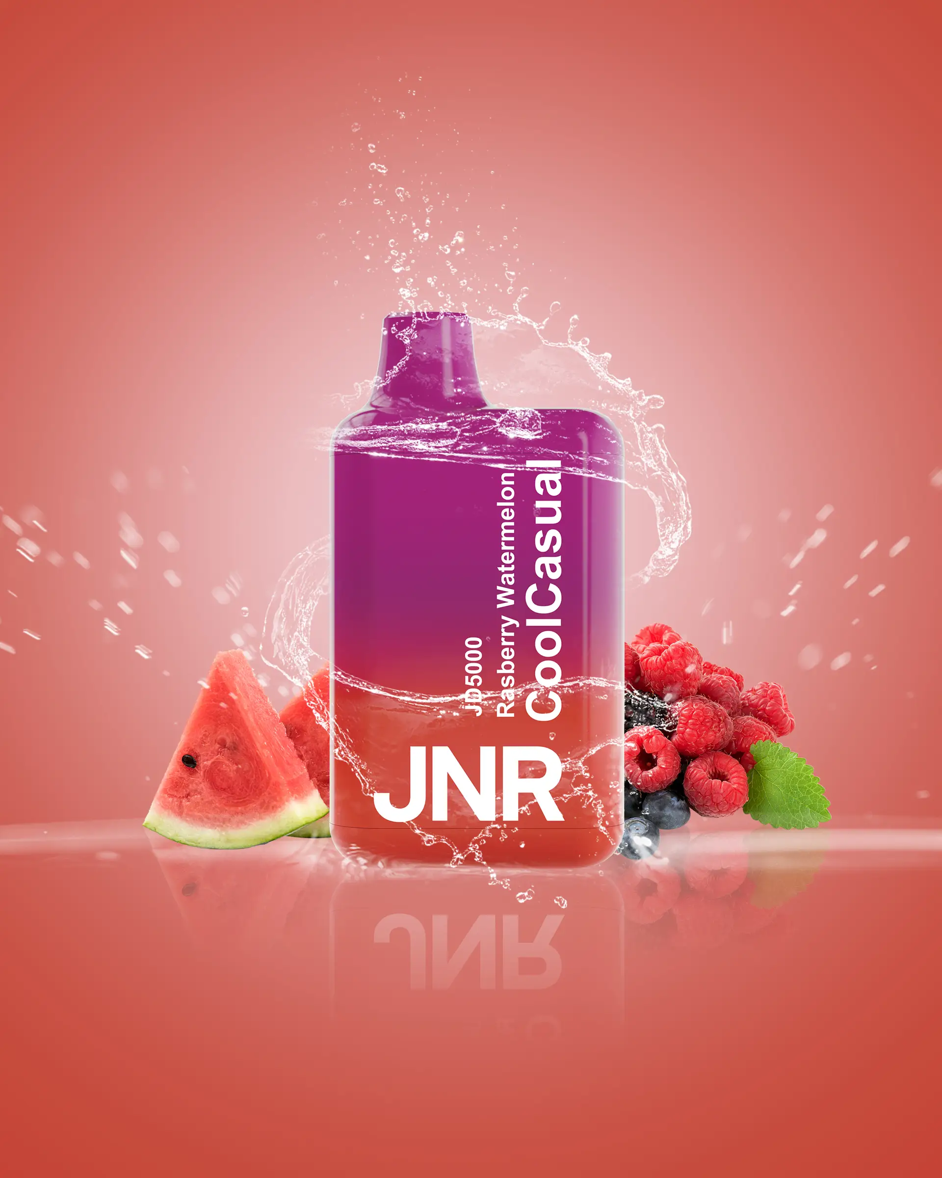JNR JD5000 Cool Casual vape in Raspberry Watermelon flavor with splash and fruity background