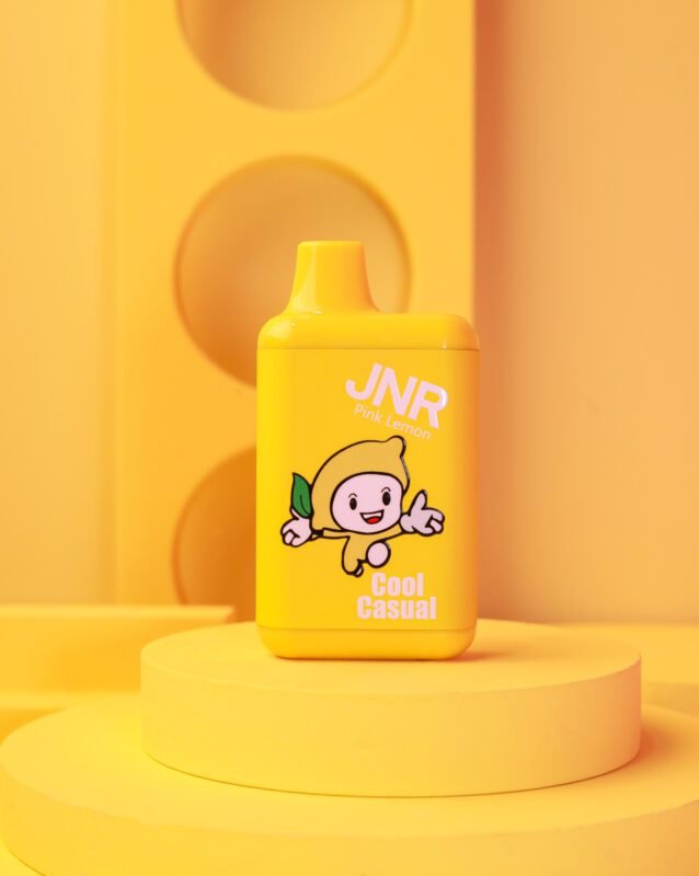 JNR Cool Casual vape in Pink Lemon flavor with cartoon lemon character and yellow background