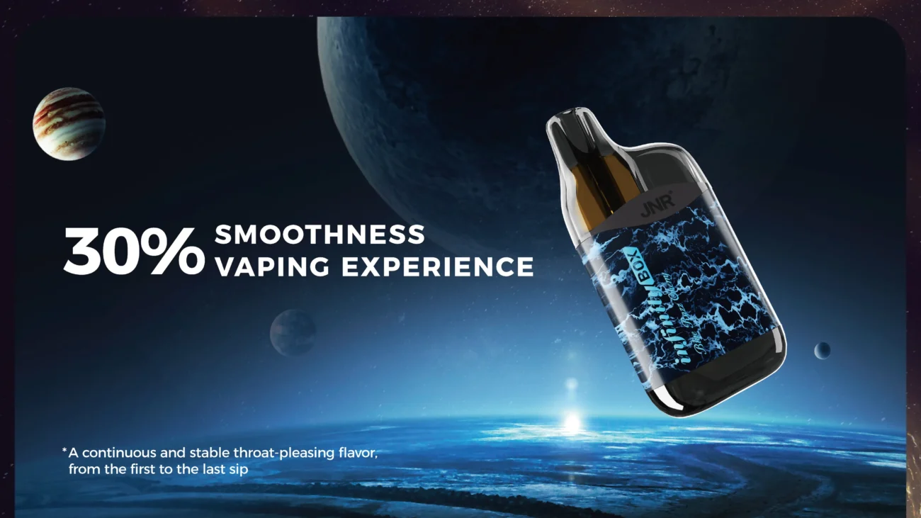 JNR Infinity Box vape with 30% smoother vaping experience in a cosmic setting