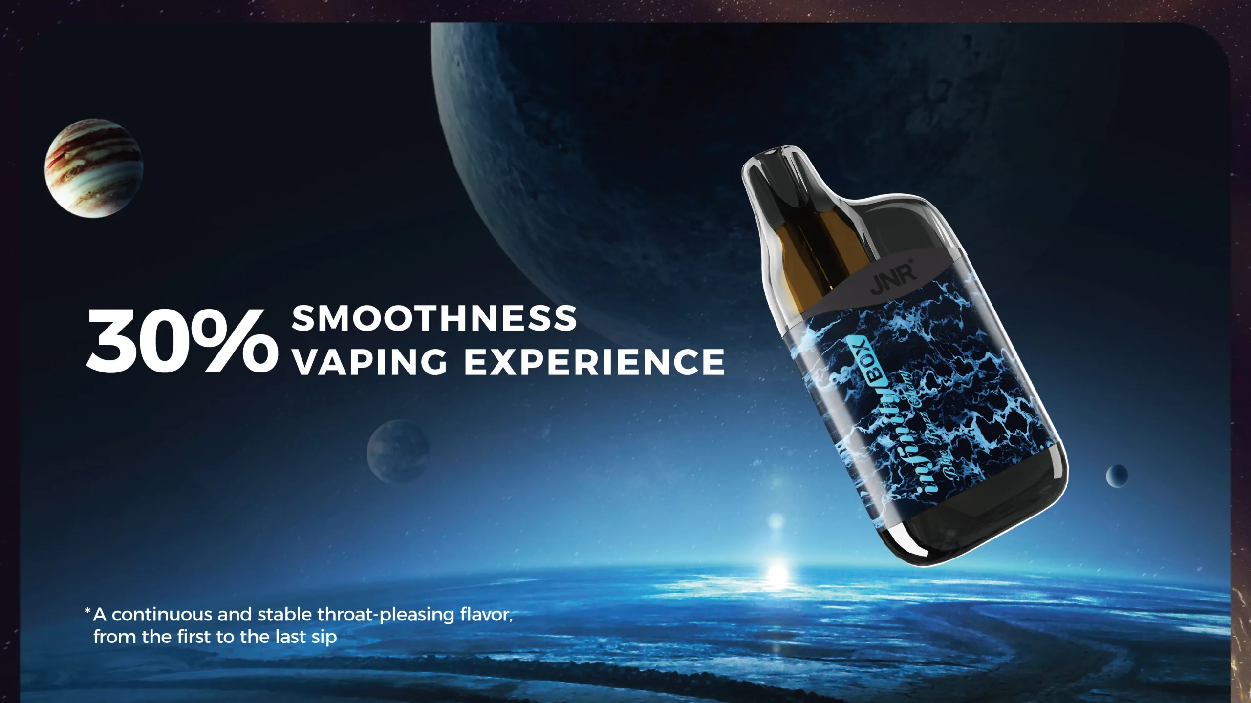 JNR Infinity Box vape with 30% smoother vaping experience in a cosmic setting