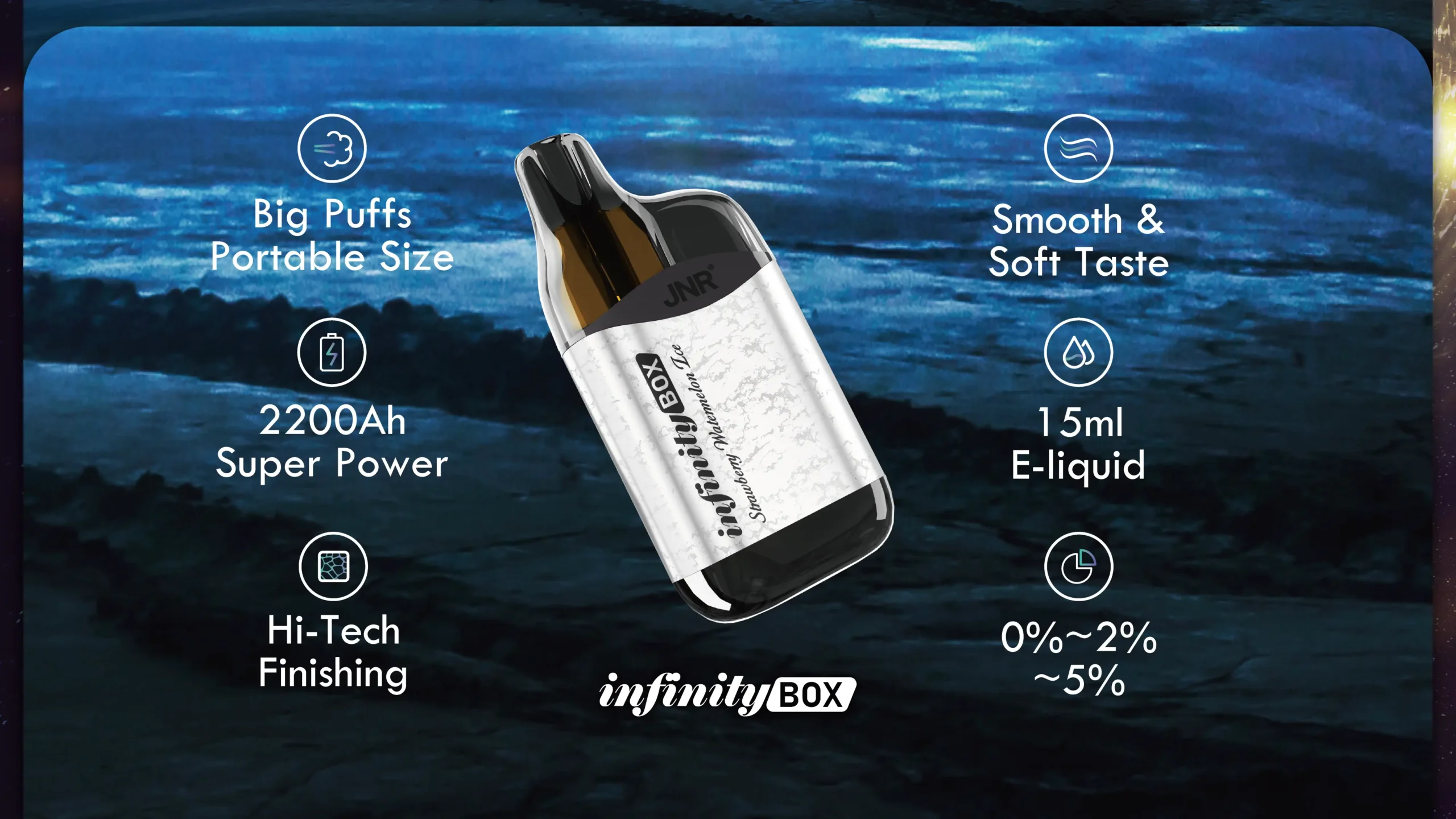 JNR Infinity Box vape in Strawberry Watermelon Ice flavor featuring 2200mAh battery and 15ml e-liquid