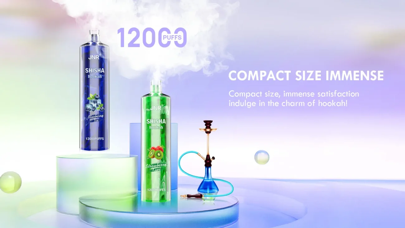 JNR Shisha Hookah devices in Blueberry Ice and Strawberry Kiwi flavors with 12000 puff capacity and hookah illustration