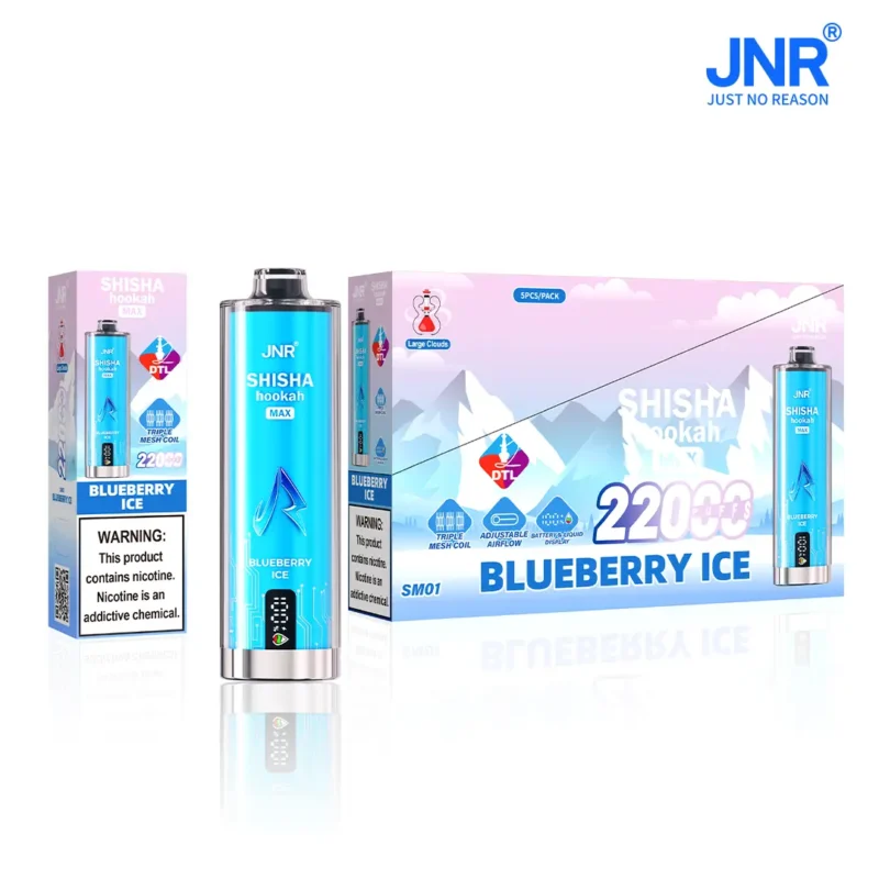 JNR Shisha Hookah Max in blueberry ice flavor with packaging showing 22,000 puffs, triple mesh coil, and adjustable airflow