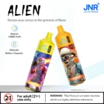 Vapes jetables JNR Alien avec designs futuristes, saveurs Black Dragon Ice et Strawberry Candy Ice, capacité de 10000 puff, et batterie de 850mAh.