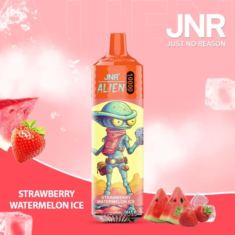 Vape jetable JNR Alien Strawberry Watermelon Ice avec design extraterrestre coloré, saveur fraise et pastèque glacée, capacité de 10000 puffs et batterie de 850mAh.
