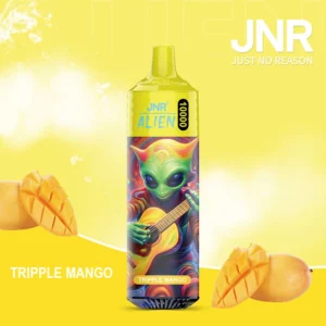 Vape JNR ALIEN 10000 avec illustration d'un extraterrestre jouant de la guitare, saveur Triple Mangue, sur fond jaune avec des morceaux de mangue.