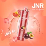 Vape jetable JNR Shisha Hookah Love 66 avec saveurs fruitées de fruit de la passion et de pamplemousse, capacité de 12000 Puffs et design élégant.