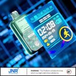 A green VapeWatch smart vape device featuring a digital screen with time, date, battery levels, and a fitness tracking interface, set against a futuristic blue background.