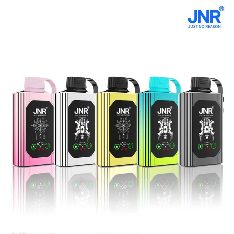 Five JNR vape mods in pink, white, yellow, blue, and black, each featuring a digital LED display and modern design