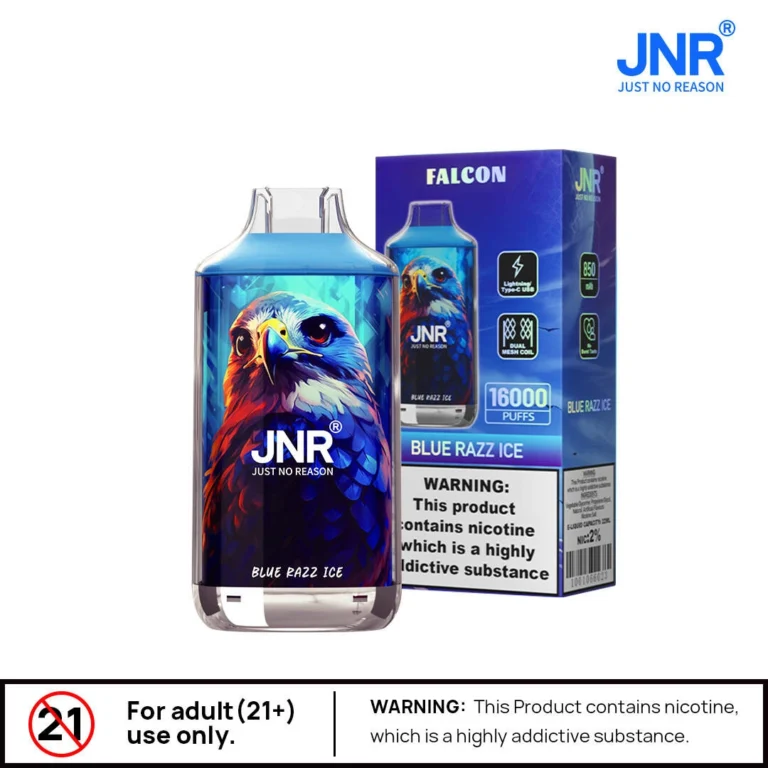 JNR Falcon disposable vape in Blue Razz Ice flavor with a bold falcon design, featuring 16000 puffs, Type-C charging, and dual mesh coil