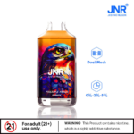 JNR disposable vape with a vibrant falcon design, labeled Pineapple Mango Orange, featuring dual mesh coil and nicotine range 0%-5%