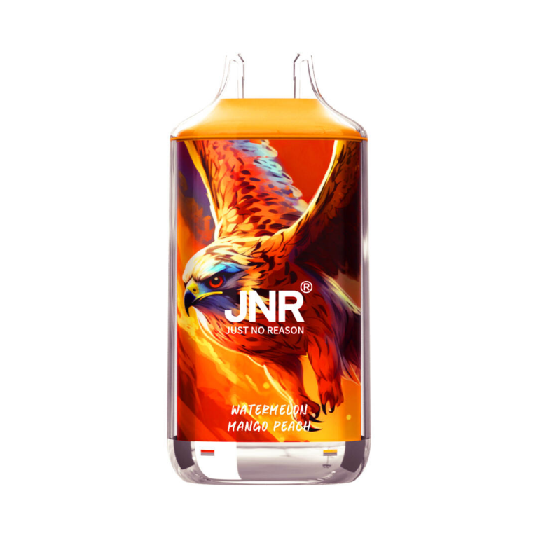 JNR vape device featuring a fierce falcon graphic and labeled with watermelon, mango, and peach flavor blend