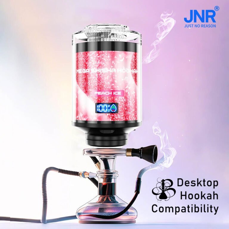 A high-tech JNR Mega Shisha Hookah in Peach Ice flavor, featuring a modern digital display and desktop hookah compatibility.