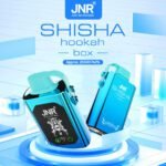 Two metallic blue JNR Shisha Hookah vape devices with approx. 20500 puffs, displayed in a futuristic setting