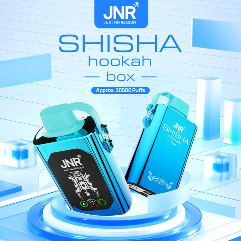 Two metallic blue JNR Shisha Hookah vape devices with approx. 20500 puffs, displayed in a futuristic setting