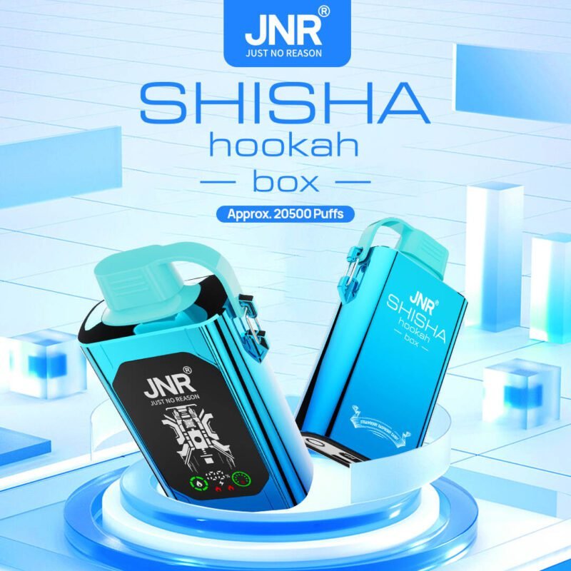 Two metallic blue JNR Shisha Hookah vape devices with approx. 20500 puffs, displayed in a futuristic setting