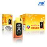 JNR shisha vape device in yellow-orange with packaging for 2050 puffs in juicy peaches flavor, displayed with nicotine warning label