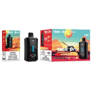 JNR Tank Pro disposable vape with 33,000 puffs, featuring Watermelon Ice flavor and digital display with adjustable modes.