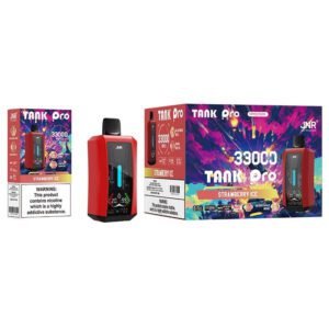 JNR Tank Pro disposable vape with 33,000 puffs, featuring Strawberry Ice flavor and digital display with adjustable modes.