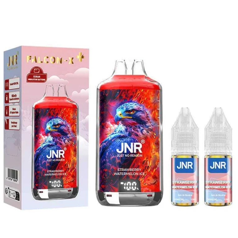 JNR Falcon-X disposable vape with 2x 10mL Strawberry Watermelon Ice e-liquid bottles, featuring a vibrant eagle design and battery indicator screen.