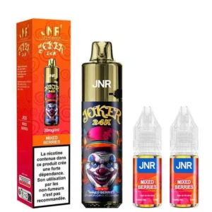 JNR Joker 24K avec saveur Mixed Berries, comprenant un dispositif de vape doré et deux bouteilles de liquide avec la mention "20mg/ml".