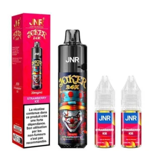 JNR Joker 24K disposable vape featuring Strawberry Ice flavor, 20mg nicotine strength, and two 10mL e-liquid bottles with a colorful joker design.