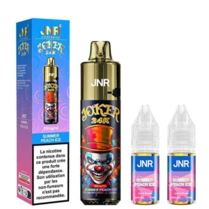 Flacon et boîte de vape JNR Joker 24K avec saveur Summer Peach Ice, affichant un design vif avec un clown souriant.