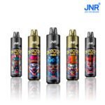 A collection of JNR Joker 24K disposable vapes featuring striking clown-themed designs and flavors like passion fruit kiwi, mixed berries, blueberry red raspberry, shimmer peach ice, and watermelon ice.