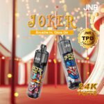 JNR Joker 24K disposable vape featuring a bold clown-themed design, 24K puffs capacity, and TPD certification for quality assurance.
