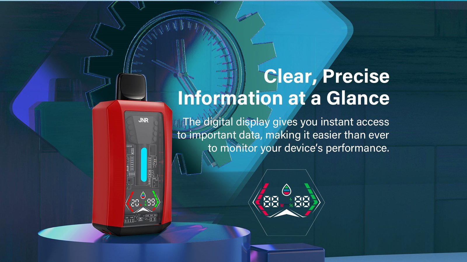 JNR Tank Pro disposable vape in red, displayed on a futuristic podium with a clock and gear-themed digital background. The image highlights the device's smart digital display, showing real-time vaping data for a seamless experience.