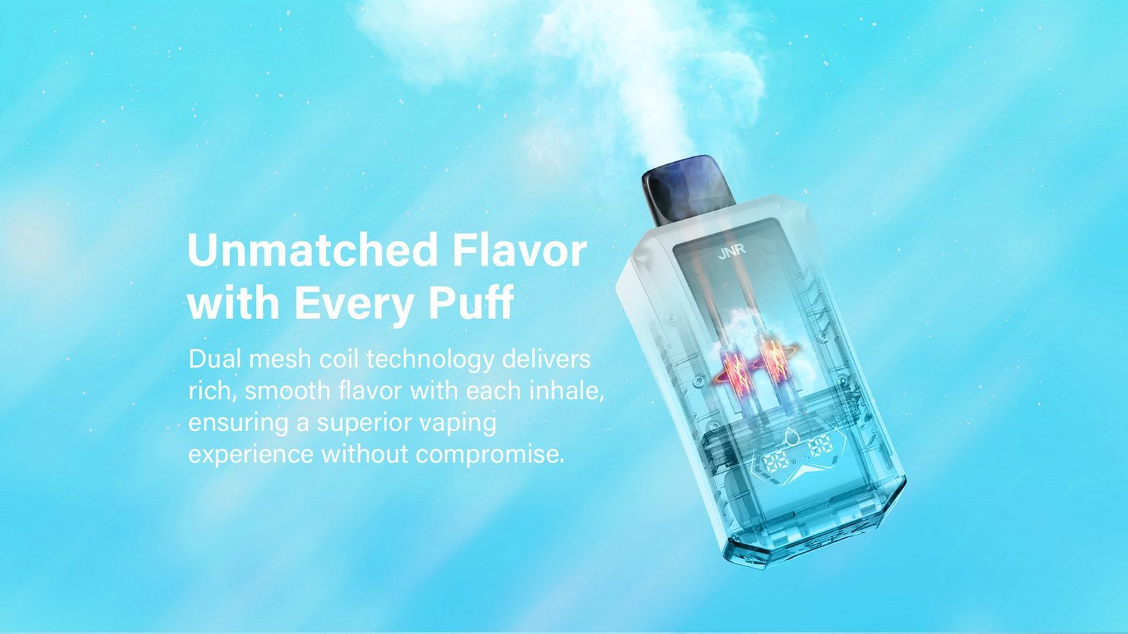 JNR Tank Pro disposable vape in a translucent design, showcasing dual mesh coil heating technology against a blue vapor-filled background. The image highlights the device's ability to deliver unmatched flavor and a smooth vaping experience.