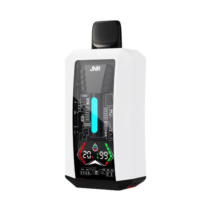 JNR Tank Pro disposable vape in a white design, showcasing a digital display with advanced vaping metrics. The sleek and modern device features circuit-style detailing, emphasizing its high-tech functionality.
