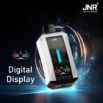 JNR Tank Pro disposable vape in white, displayed against a futuristic cosmic background. The image emphasizes the device's advanced digital display, showcasing vaping metrics for a smarter and more controlled experience.