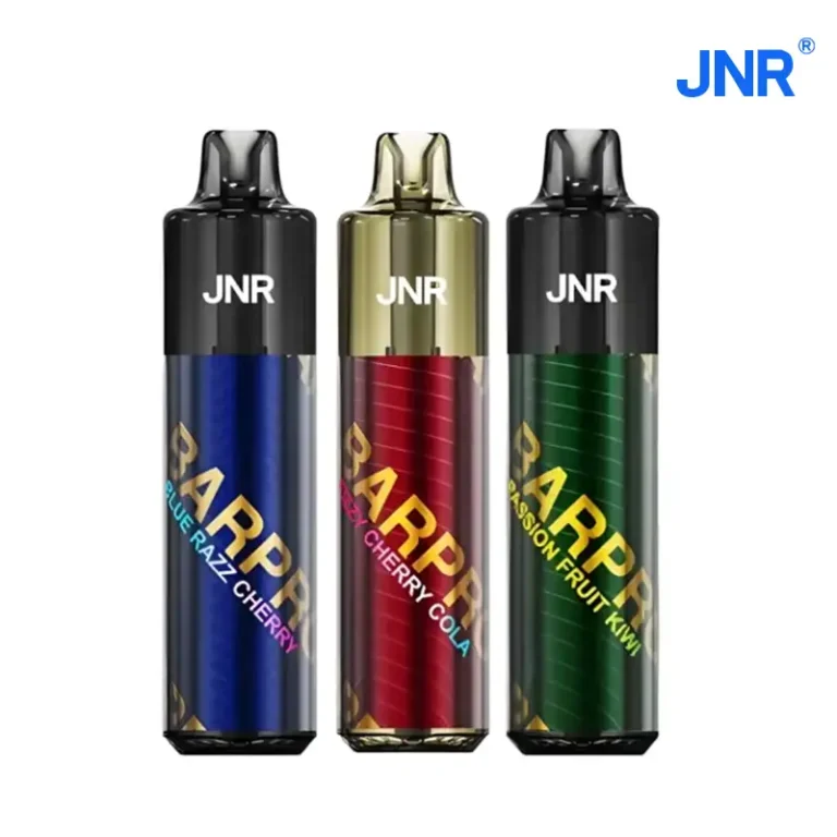 Trois vapoteuses JNR BARPRO aux saveurs Blue Razz Cherry, Real Cherry Cola et Passion Fruit Kiwi, avec un design élégant et coloré.