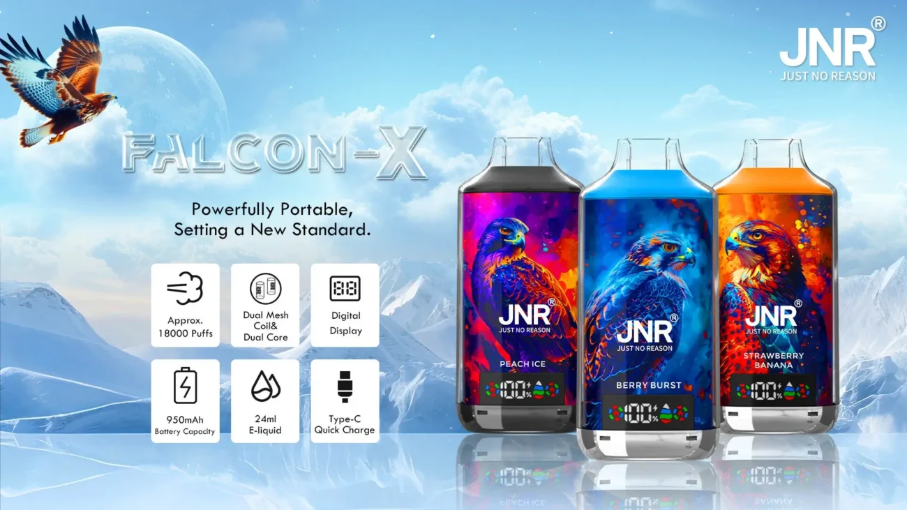 JNR Falcon X disposable vape collection featuring flavors like Peach Ice, Berry Burst, and Strawberry Banana, with 18,000 puffs, a 950mAh battery, 24ml e-liquid, dual mesh coil, digital display, and Type-C quick charging.