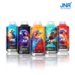A set of JNR Falcon X disposable vapes featuring vibrant hawk-themed artwork and flavors like Blueberry Raspberry, Cherry Berry, Kiwi Watermelon Ice, and Cherry Cola, with a sleek digital display.