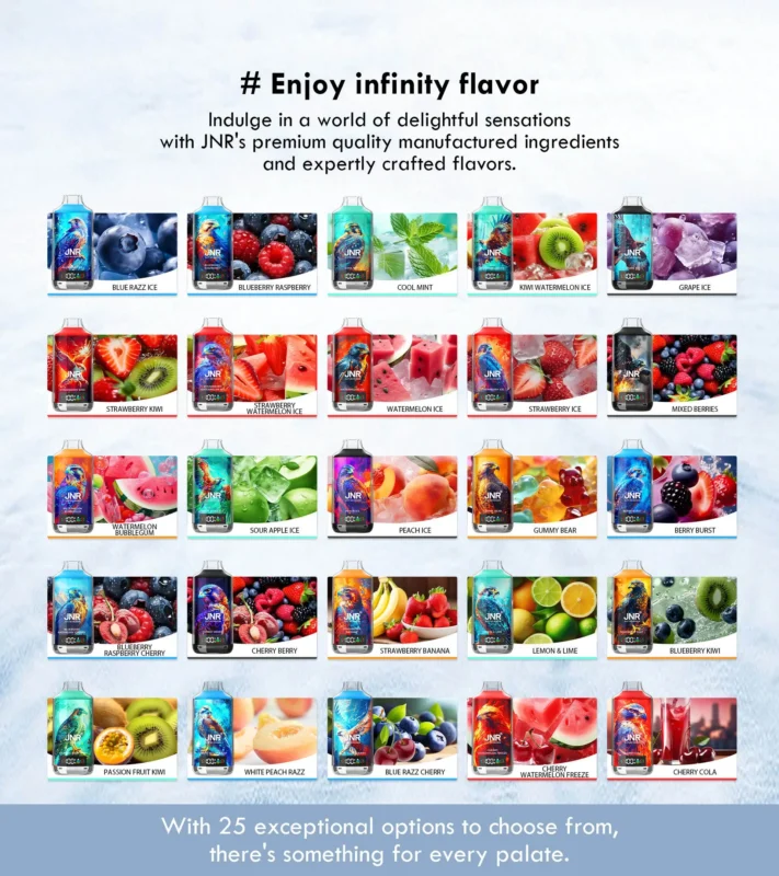 A variety of JNR Falcon X disposable vapes showcasing 25 flavors, including Blue Razz Ice, Strawberry Kiwi, Peach Ice, Cherry Cola, and more, each with a sleek hawk-themed design and high-performance features.
