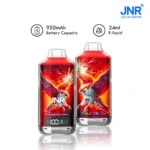 JNR Falcon X disposable vape in Strawberry Kiwi flavor, featuring a vibrant red hawk-themed design, 950mAh battery, 24ml e-liquid capacity, and a digital display for an enhanced vaping experience.