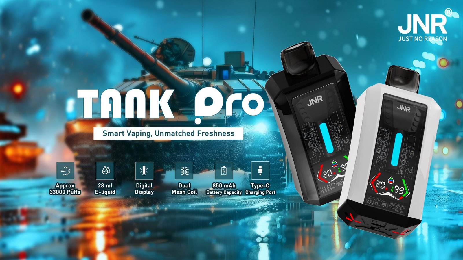 JNR Tank Pro disposable vape in black and white variants, showcasing a futuristic design with a digital display, dual mesh coil, and 850mAh battery, set against a battlefield tank-themed background.