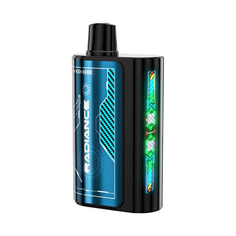 Radiance vape device with futuristic LED display and blue circuit-themed design