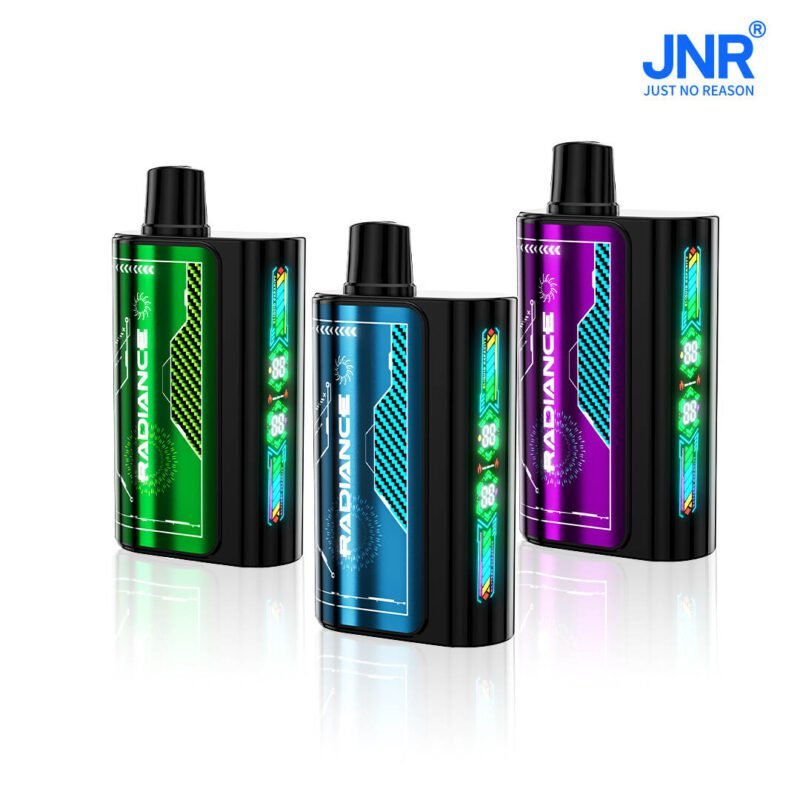 Trio of Radiance vape devices in green, blue, and purple colors with glowing LED indicators