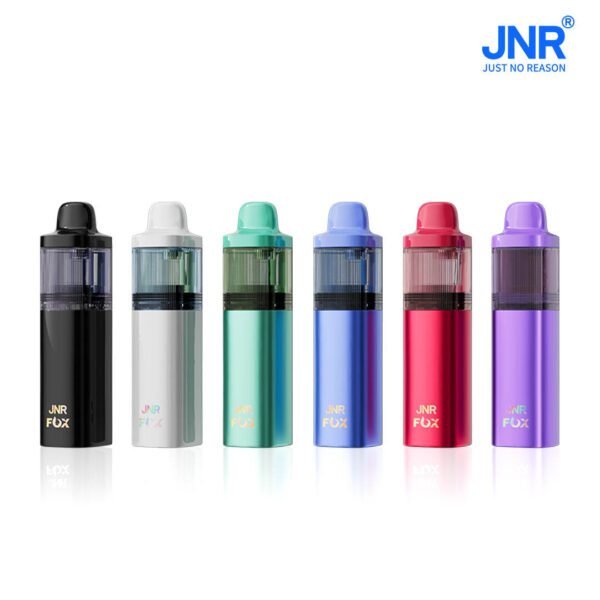 JNR Fox vape devices in six colors: black, white, green, blue, red, and purple, showcasing sleek design and vibrant hues.