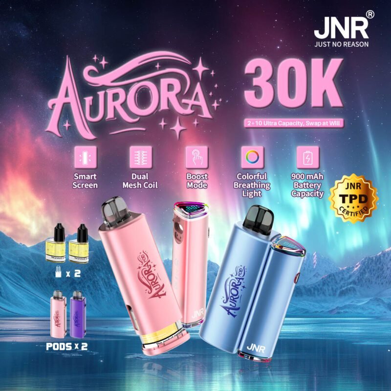 JNR Aurora 30K pod system showcasing smart screen, boost mode, and colorful breathing light with dual mesh coils for ultimate vaping.
