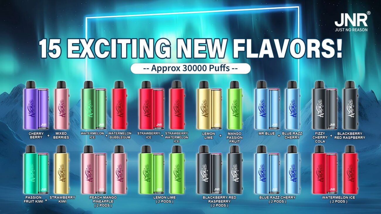 JNR Aurora 30K Pod System featuring 15 exciting new flavors, 30000 puffs, boost mode, and TPD certified. Available in various colors with dual mesh coils.