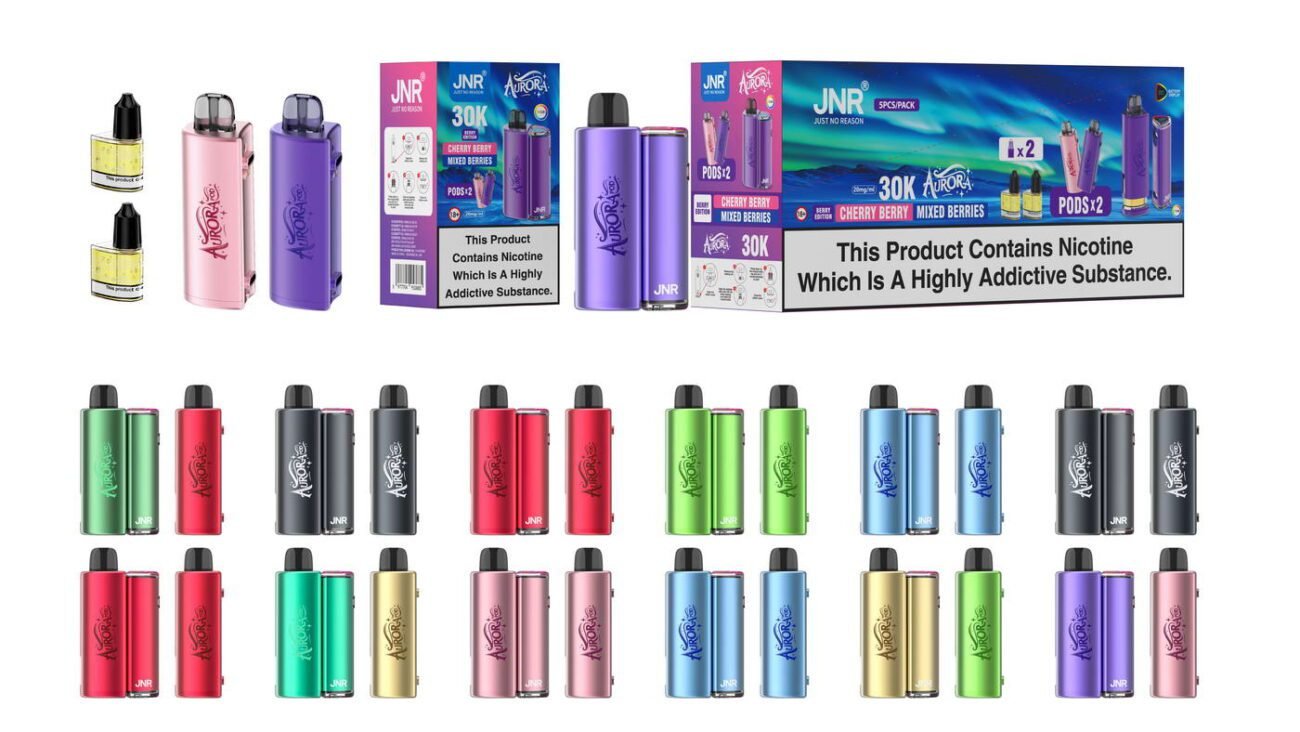 JNR Aurora 30K pod system featuring vibrant colors and dual mesh coils, offering 30000 puffs and 15 exciting flavors. Includes replaceable 2+10ml pods for flexible use.