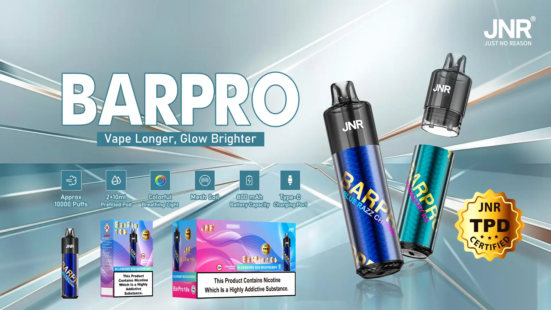 JNR BARPRO vape devices with packaging and TPD certification badge