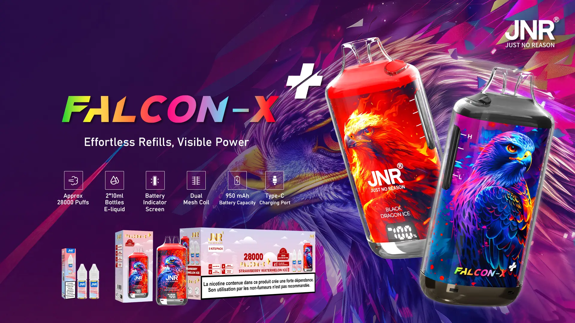 FALCON-X vapes and refill bottles with stylish box packaging