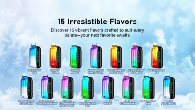 Lineup of 15 JNR Flex Ice vape devices in assorted colors and flavors