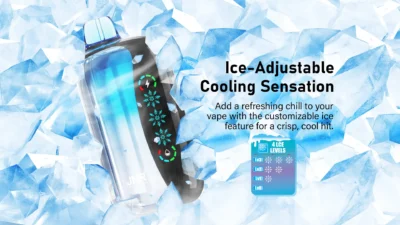 JNR Flex Ice vape surrounded by ice, showing customizable ice levels
