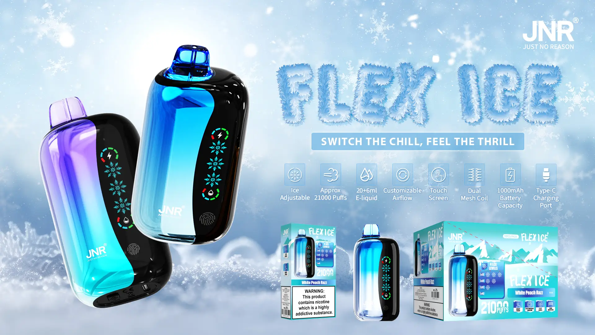 JNR Flex Ice vape and retail box packaging displayed in a frosty setting